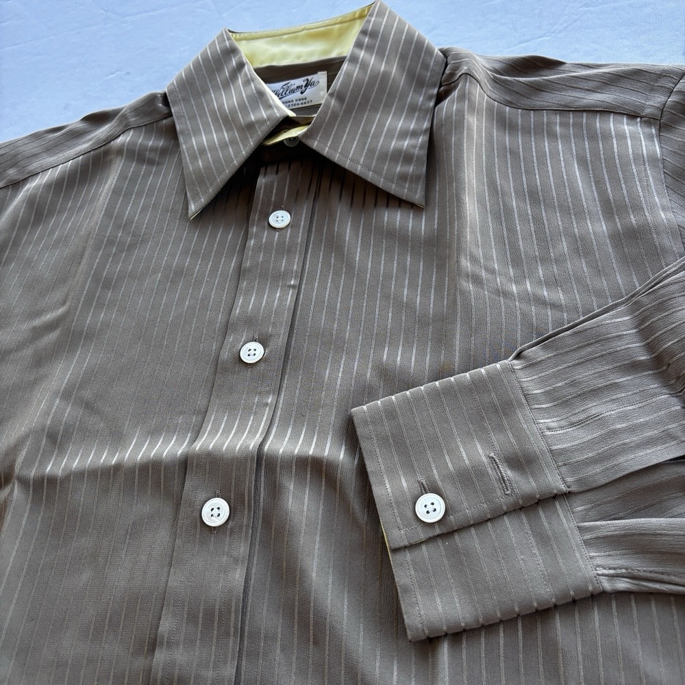 William Yu‎ Hong Kong Mens Dress Shirt Likely Silk Brown Pinstripe French Cuff